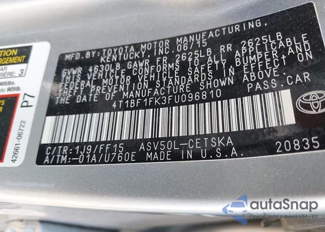 2015 Toyota Camry Se from USA, damaged, VIN 4T1BF1FK3FU096810